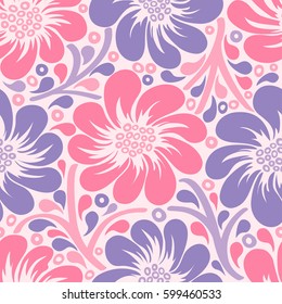Seamless hand drawn background with big flowers. Vector floral pattern.