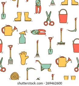 Seamless hand drawn background with garden tools for your design