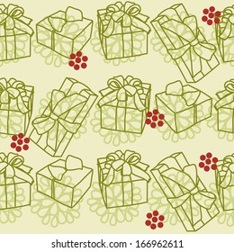 Seamless hand drawn background with gift boxes, vector illustration