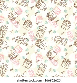 Seamless hand drawn background with gift boxes, vector illustration