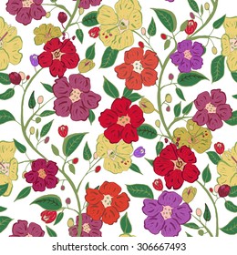 Seamless hand drawn background. Isolated colorful flowers and leafs. Vector illustration.