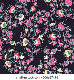 Seamless hand drawn background. Isolated colorful flowers and leafs on black background. Vector illustration.