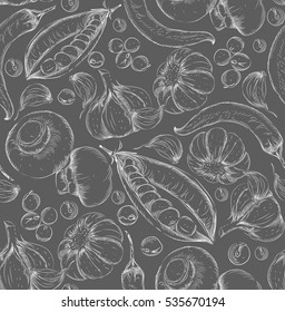 Seamless hand drawn background. Sketch style set of vegetables. Vintage eco food. Vector illustration.