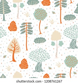 Seamless Hand Drawn Background with Trees in Doodle Style.