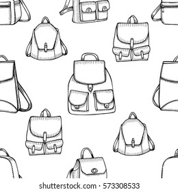 Seamless hand drawn Backpack background. Sketch style. Vector illustration.