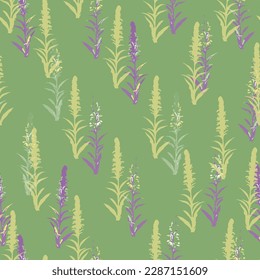 seamless hand drawn backyard flower tree pattern on green background