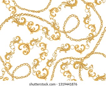 Seamless hand drawn  Baroque vector pattern background with golden chains. Vector patch for print, fabric, scarf design. Isolated on white background

