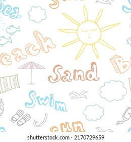 Doodle de playa sin costura dibujado a mano con letras en vector.