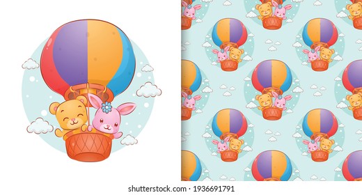 The seamless hand drawn of the bear and the rabbit floating with the gas balloons of illustration