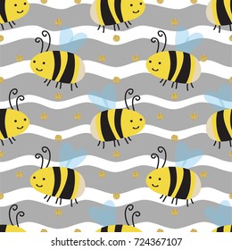 seamless hand drawn bee with gold dot glitter pattern on grey stripe background
