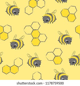 Seamless hand drawn bees pattern. Vector honey background.