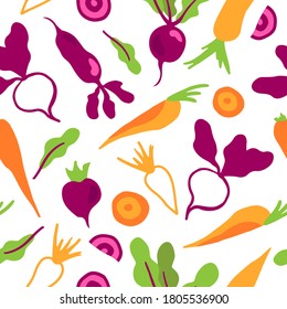 Seamless hand drawn beetroot and carrot vector pattern in cartoon style. Vegetable pattern. Bright beet and carrot background. 