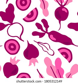 Seamless hand drawn beetroot vector pattern in cartoon style. Vegetable pattern. Bright beet background.