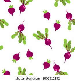 Seamless hand drawn beetroot vector pattern in cartoon style. Vegetable pattern. Bright beet background.