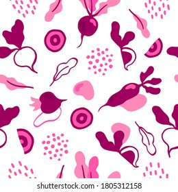 Seamless hand drawn beetroot vector pattern in cartoon style. Vegetable pattern. Bright beet background.