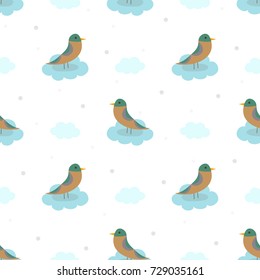 seamless hand drawn bird with cloud and dot on sky pattern background