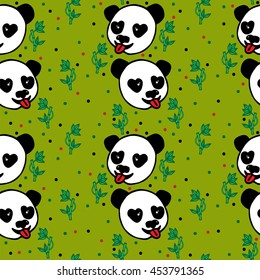 Seamless with hand drawn black line head of Panda and bamboo on the green background