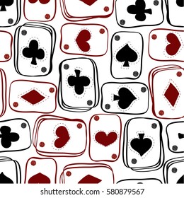 seamless hand drawn black and red glitter hand drawn playing cards with spades ,diamonds, hearts and clubs pattern background