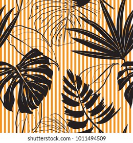 Seamless Hand Drawn black silhouette tropical leaves Pattern on bright orange stripes Print vector Seamless Hand Drawn black silhouette tropical leaves Pattern on bright orange stripes Print vector