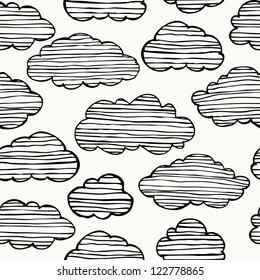 Seamless hand drawn black and white texture with linear sketchy clouds. Template for design and decoration textile, backgrounds, wrapping paper, package