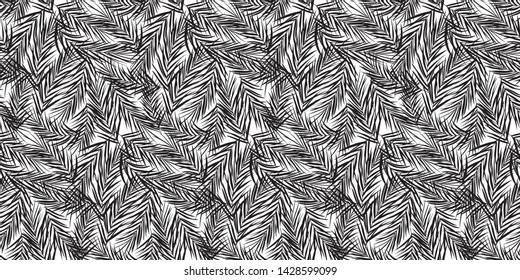 Seamless hand drawn black and white exotic vector pattern with palm leaves - Vector