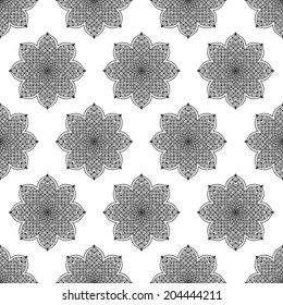 Seamless hand drawn black and white pattern with flower silhouettes