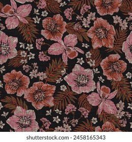SEAMLESS HAND DRAWN BLOCK PRINT FLORAL TROPICAL FLOWERS VACATION HOLIDAY HAWAIIAN SUMMER ISLAND MODERN TEXTILE FABRIC PATTERN SWATCH