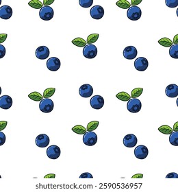 Seamless Hand Drawn Blueberries With Leaves Design Pattern White BG