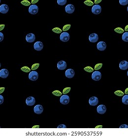 Seamless Hand Drawn Blueberries With Leaves Design Pattern Black BG