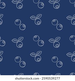 Seamless Hand Drawn Blueberries With Leaves Design Pattern Line Art Blue BG