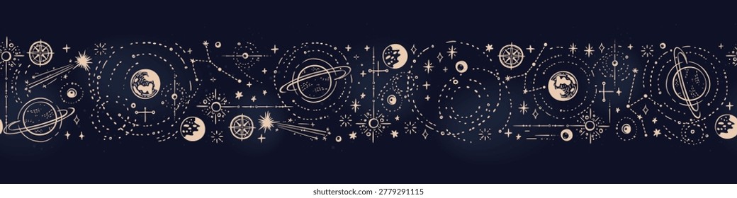 Seamless hand drawn boho pattern, mystical sky, background for tarot, astrology, esoteric - great for textiles, banners, wallpapers - vector
