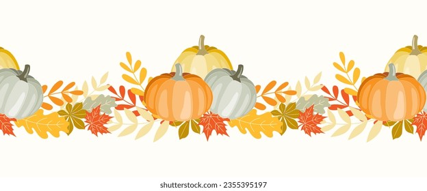 Seamless hand drawn border of Autumn pumpkins and leaves on isolated background. Background for Autumn harvest holiday, Thanksgiving, Halloween, seasonal, textile, scrapbooking, washi tape.