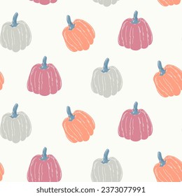 Seamless hand drawn border of Autumn pumpkins on isolated background. Background for Autumn harvest holiday, Thanksgiving, Halloween, seasonal, textile, scrapbooking, washi tape.