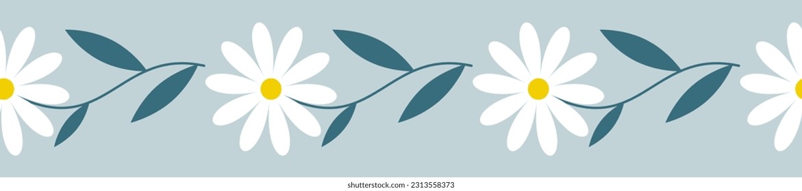 Seamless hand drawn border of wild doodle flowers and leaves. Design for springtime, summertime celebration, greeting cards, scrapbooking, home decor, paper craft, washi tape.