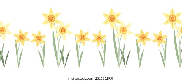 Seamless hand drawn border of wild doodle daffodils and leaves. Design for springtime, summertime celebration, greeting cards, scrapbooking, home decor, paper craft, washi tape.