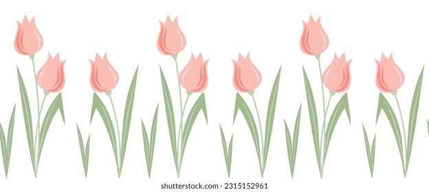 Seamless hand drawn border of wild doodle tulips and leaves. Design for springtime, summertime celebration, greeting cards, scrapbooking, home decor, paper craft, washi tape.