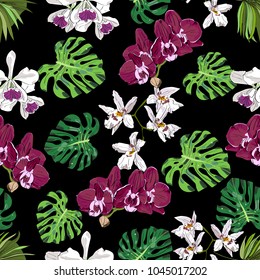 Seamless hand drawn botanical exotic vector pattern with green palm leaves and orchids on black background.