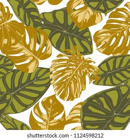 Seamless Hand Drawn Botanical Exotic Pattern with Philodendron and Alocasia Leaves. Vector Jungle Foliage in Watercolor Style. Seamless Tropic Leaf Background for Textile, Cloth, Fabric, Paper.