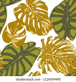 Seamless Hand Drawn Botanical Exotic Pattern with Philodendron and Alocasia Leaves. Vector Jungle Foliage in Watercolor Style. Seamless Tropic Leaf Background for Textile, Cloth, Fabric, Paper.