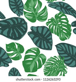 Seamless Hand Drawn Botanical Exotic Pattern with Philodendron and Alocasia Leaves. Vector Jungle Foliage in Watercolor Style. Seamless Tropic Leaf Background for Textile, Cloth, Fabric, Paper.