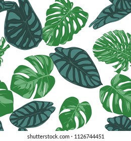 Seamless Hand Drawn Botanical Exotic Pattern with Philodendron and Alocasia Leaves. Vector Jungle Foliage in Watercolor Style. Seamless Tropic Leaf Background for Textile, Cloth, Fabric, Paper.