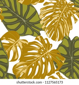 Seamless Hand Drawn Botanical Exotic Pattern with Philodendron and Alocasia Leaves. Vector Jungle Foliage in Watercolor Style. Seamless Tropic Leaf Background for Textile, Cloth, Fabric, Paper.