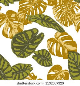 Seamless Hand Drawn Botanical Exotic Pattern with Philodendron and Alocasia Leaves. Vector Jungle Foliage in Watercolor Style. Seamless Tropic Leaf Background for Textile, Cloth, Fabric, Paper.