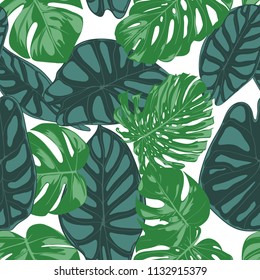 Seamless Hand Drawn Botanical Exotic Pattern with Philodendron and Alocasia Leaves. Vector Jungle Foliage in Watercolor Style. Seamless Tropic Leaf Background for Textile, Cloth, Fabric, Paper.