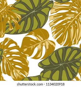 Seamless Hand Drawn Botanical Exotic Pattern with Philodendron and Alocasia Leaves. Vector Jungle Foliage in Watercolor Style. Seamless Tropic Leaf Background for Textile, Cloth, Fabric, Paper.
