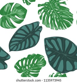 Seamless Hand Drawn Botanical Exotic Pattern with Philodendron and Alocasia Leaves. Vector Jungle Foliage in Watercolor Style. Seamless Tropic Leaf Background for Textile, Cloth, Fabric, Paper.