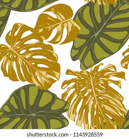 Seamless Hand Drawn Botanical Exotic Pattern with Philodendron and Alocasia Leaves. Vector Jungle Foliage. Seamless Tropic Leaf Background for Textile, Cloth, Fabric, Paper.