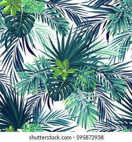 Seamless hand drawn botanical exotic vector pattern with green palm leaves on dark background.