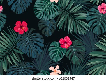 Seamless hand drawn botanical exotic vector pattern with green palm leaves on dark background.