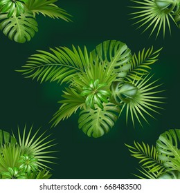 Seamless hand drawn botanical exotic vector pattern with green palm leaves on dark background.